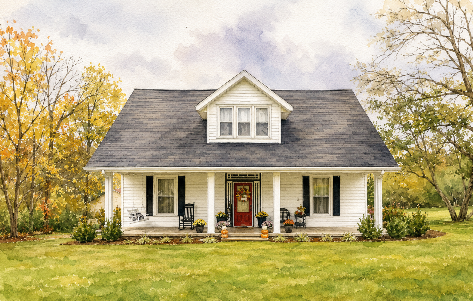 Watercolor print example of a white farmhouse with a red front door and autumn trees