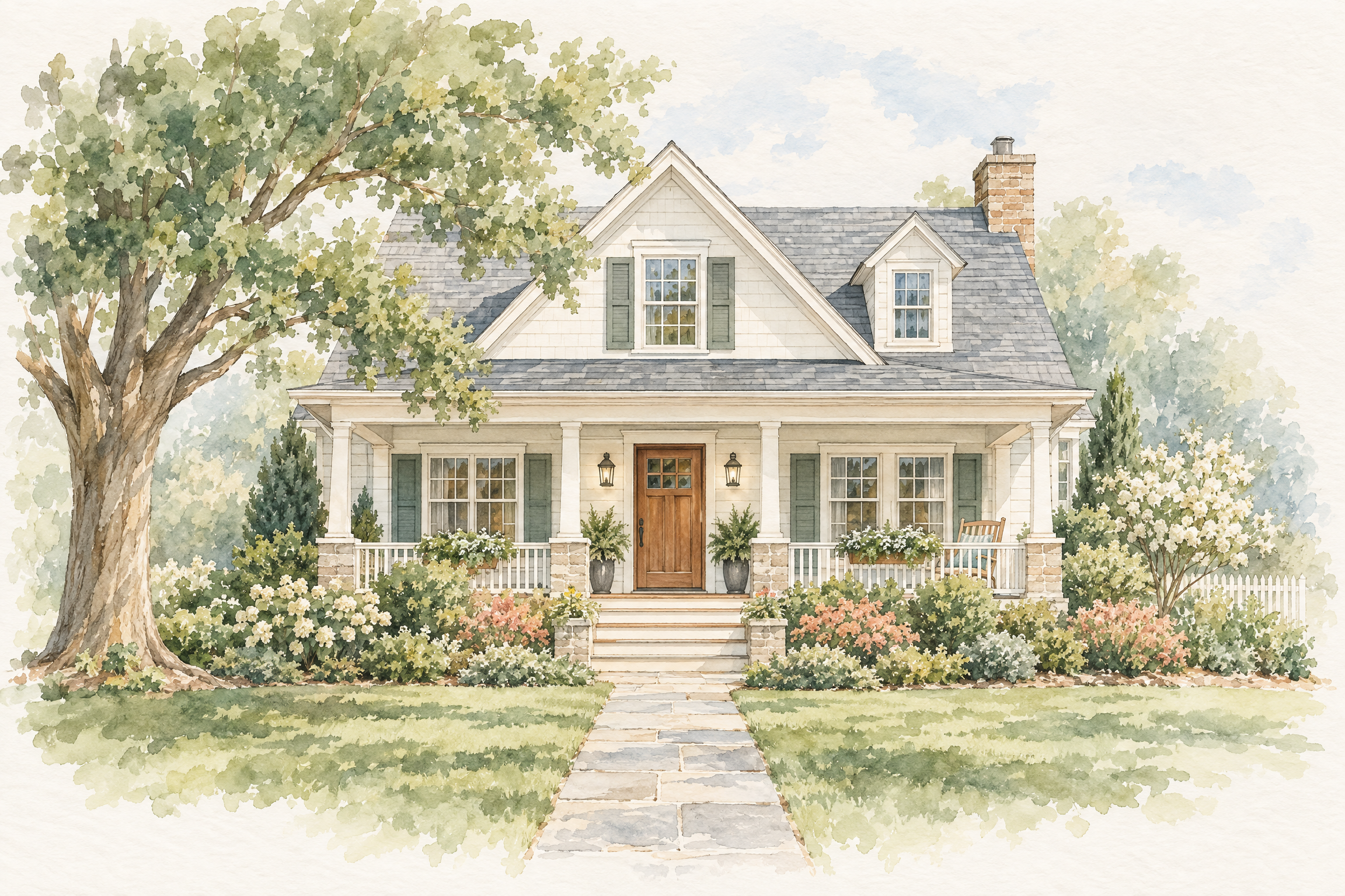 Watercolor-style illustration of a charming home with a leafy garden